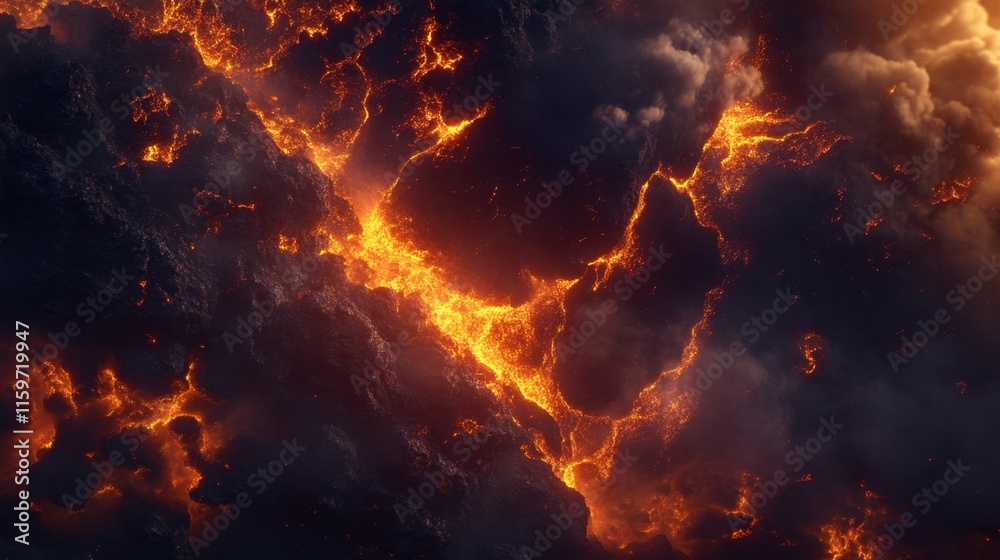Volcanic eruptions create rivers of molten lava flowing through dark ash clouds during an explosive activity in nature's fury Volcanic eruptions create rivers of molten lava flowing through dark ash clouds during an explosive activity in nature's fury