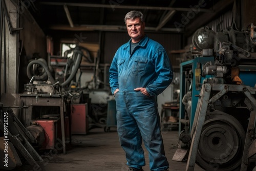 Portrait of a senior caucasian male mechanic standing with hands in pockets in a cluttered workshop