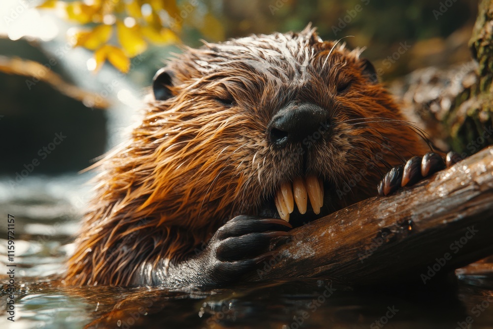 Beaver grooming fur by stream with closeup focus Beaver grooming fur by stream with closeup focus