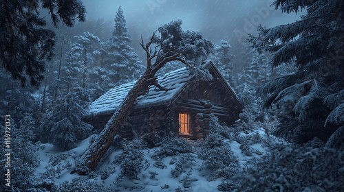 A fallen pine tree wedged into the roof of a mountain cabin, with snow beginning to fall as workers prepare for emergency roof repairs.   photo