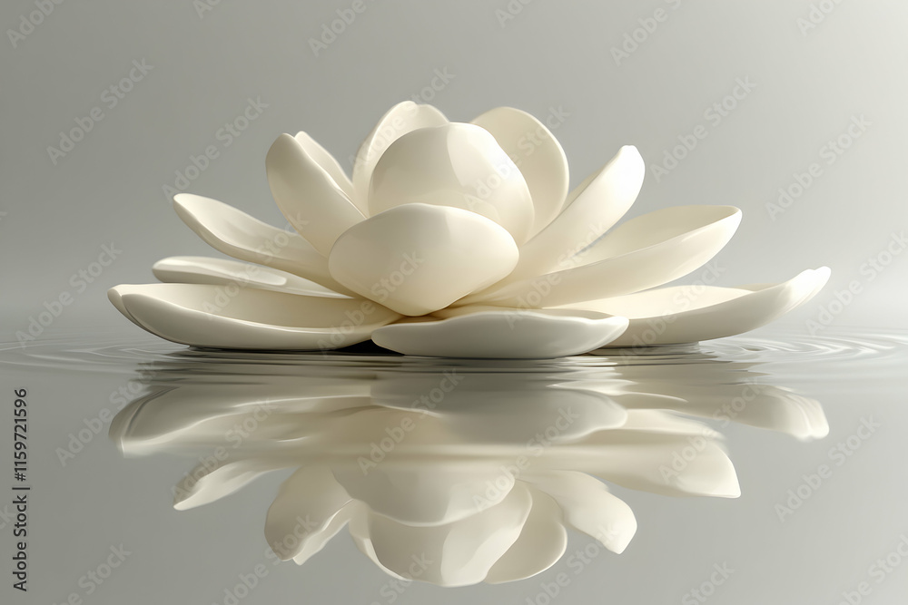 Serene white flower floating on calm water, reflecting its beauty; minimalist, peaceful, spa-like image perfect for meditation, yoga, wellness, or tranquility themes. Serene white flower floating on calm water, reflecting its beauty; minimalist, peaceful, spa-like image perfect for meditation, yoga, wellness, or tranquility themes.