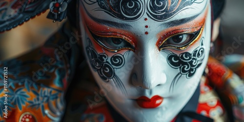Traditional masked character, likely from Kabuki theater or a similar cultural performance.