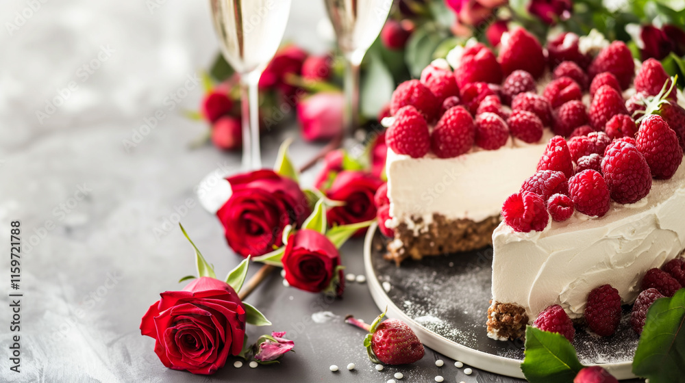 Raspberry cheesecake with roses and champagne. AI Generated
