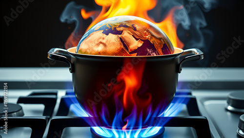 A simmering Earth encased in a pot on a hot stove portraying the peril of unchecked global warming and the pressing need for climate action and photo