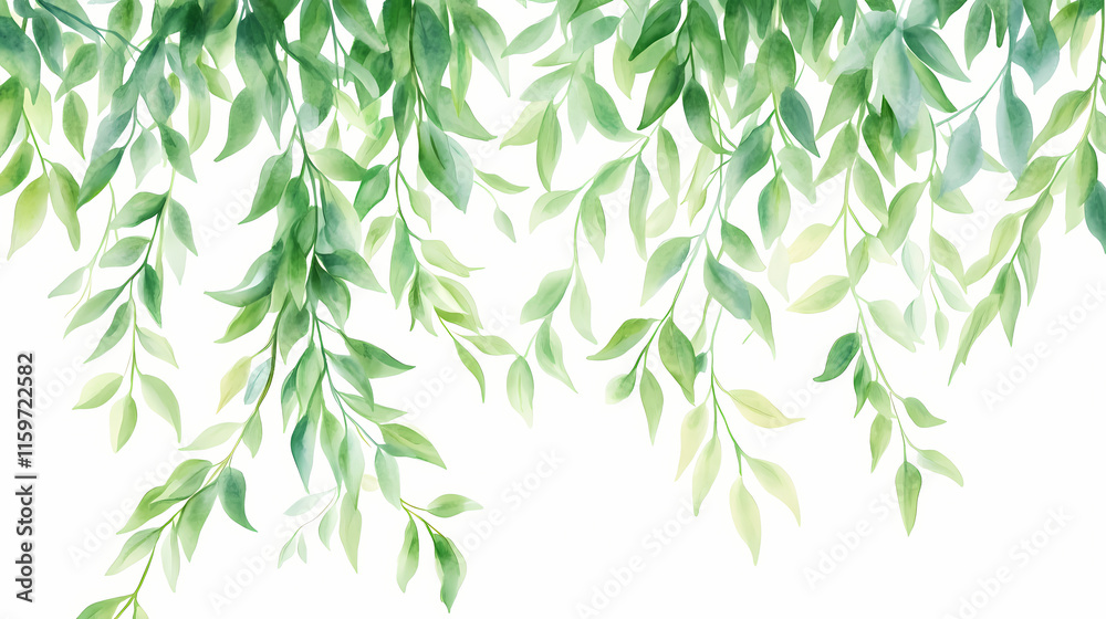 Fototapeta premium Hanging green leafy vines illustration. Willow. Illustration