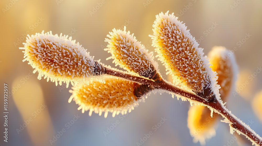 Hoarfrost on willow catkins: willow catkins covered in hoarfrost, creating a magical effect. Willow. Illustration Hoarfrost on willow catkins: willow catkins covered in hoarfrost, creating a magical effect. Willow. Illustration