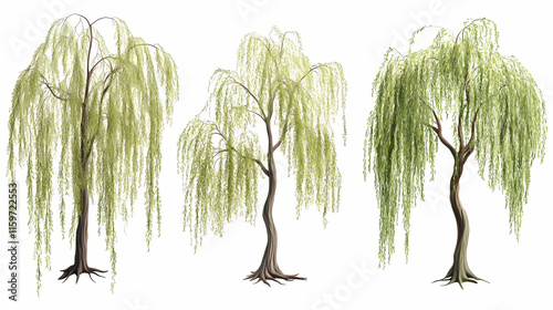 Group weeping willow - isolated on white background. Willow. Illustration
