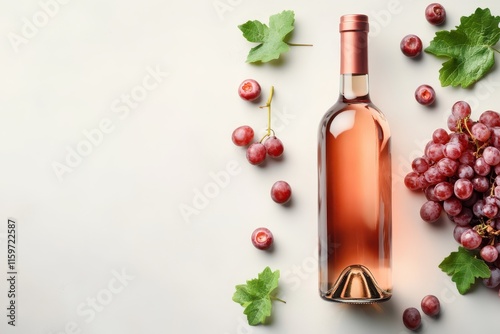 Arrangement of tasty food and fine wine against a light background viewed from above photo