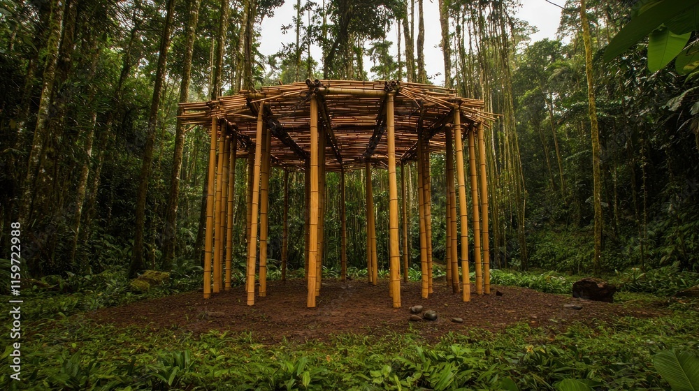 Circular bamboo structure in lush forest. Circular bamboo structure in lush forest.