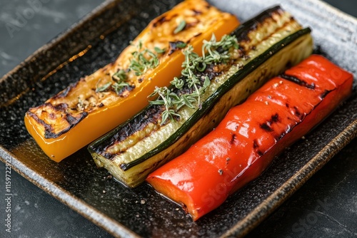 Assorted grilled veggies bell pepper zucchini eggplant garnished with basil and herbs served on dark stone or metal surface Bird s eye view photo