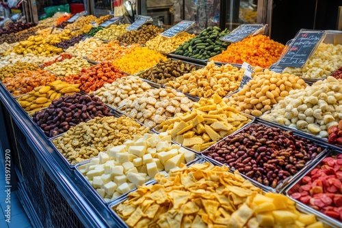 Assorted cheeses at La Boqueria Market Nutritious snack vendor with diverse dried foods Healthy snacks marketplace Barcelona Spain photo