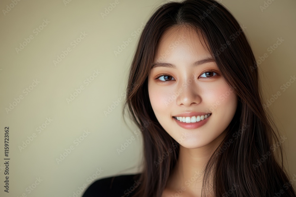 Attractive Asian model with flawless skin and a smile on a beige background Female beauty influencer and makeup artist in a studio setting Focus on skincare co Attractive Asian model with flawless skin and a smile on a beige background Female beauty influencer and makeup artist in a studio setting Focus on skincare co
