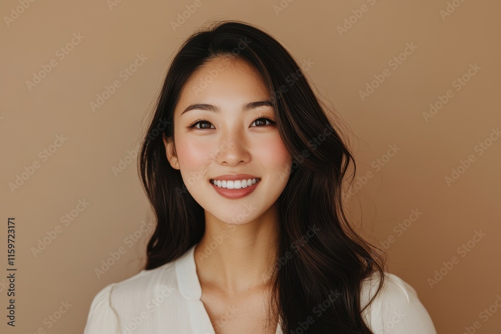 Attractive Asian model with flawless skin smiling against a beige backdrop Beauty influencer and makeup artist in studio Focus on skincare cosmetic surgery and Attractive Asian model with flawless skin smiling against a beige backdrop Beauty influencer and makeup artist in studio Focus on skincare cosmetic surgery and