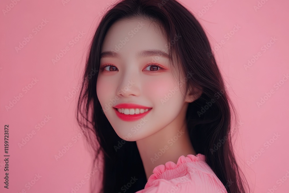 Attractive Asian model with long hair and flawless skin smiles against a pink backdrop Portrait of a stylish beauty influencer and makeup artist in a studio fo Attractive Asian model with long hair and flawless skin smiles against a pink backdrop Portrait of a stylish beauty influencer and makeup artist in a studio fo