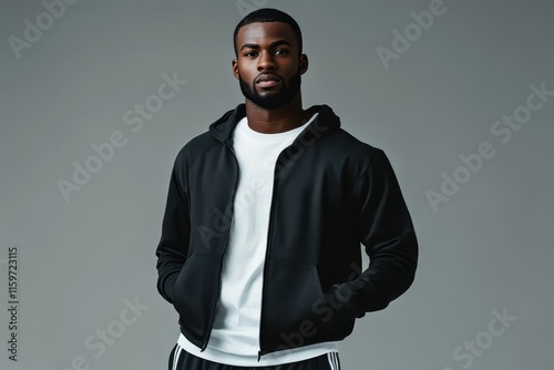 Attractive African American man in athletic wear against a gray backdrop
