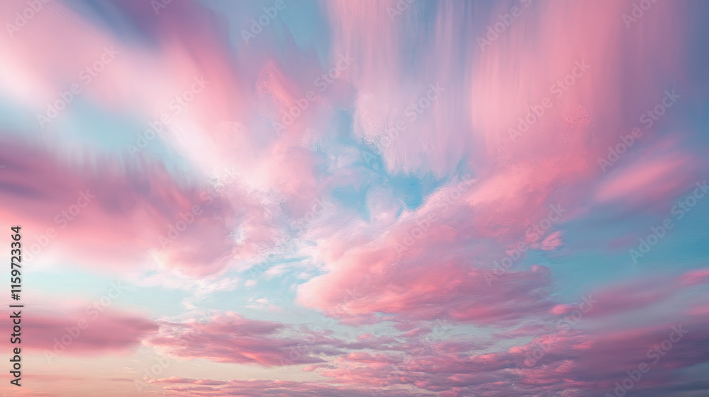 Obraz premium A breathtaking vista of pastel-colored clouds in shades of pink and blue, creating a serene and dreamy atmosphere.
