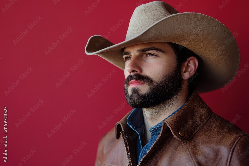 Attractive cowboy on crimson backdrop