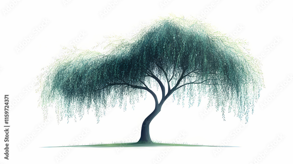 A conceptual illustration of a willow tree with holographic, flowing branches, isolated on a clean white background. Willow. Illustration A conceptual illustration of a willow tree with holographic, flowing branches, isolated on a clean white background. Willow. Illustration