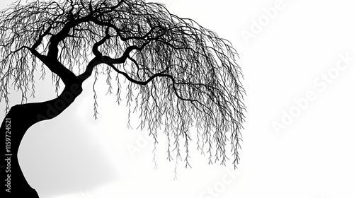 A graceful weeping willow with cascading branches, creating a soft and elegant silhouette against a clean white background. Willow. Illustration