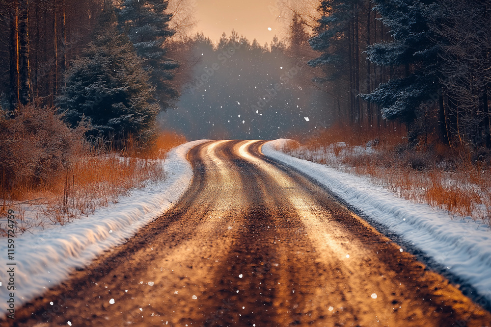 Obraz premium Snowy road winding through a winter forest at sunset.