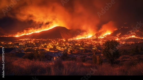 Wildfires engulfing hills and homes, showcasing the devastating impact of uncontrolled flames on communities and landscapes photo