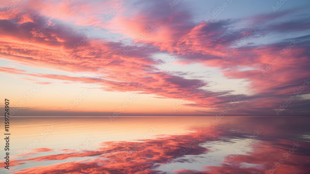 Fototapeta premium A serene sunset over calm waters, showcasing vibrant pink and orange hues reflecting in the smooth surface, creating a peaceful and enchanting atmosphere.