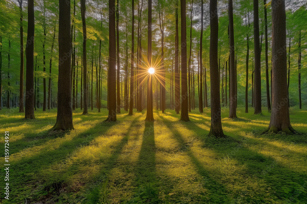 Obraz premium Sunbeams through a lush green forest, creating a magical atmosphere.