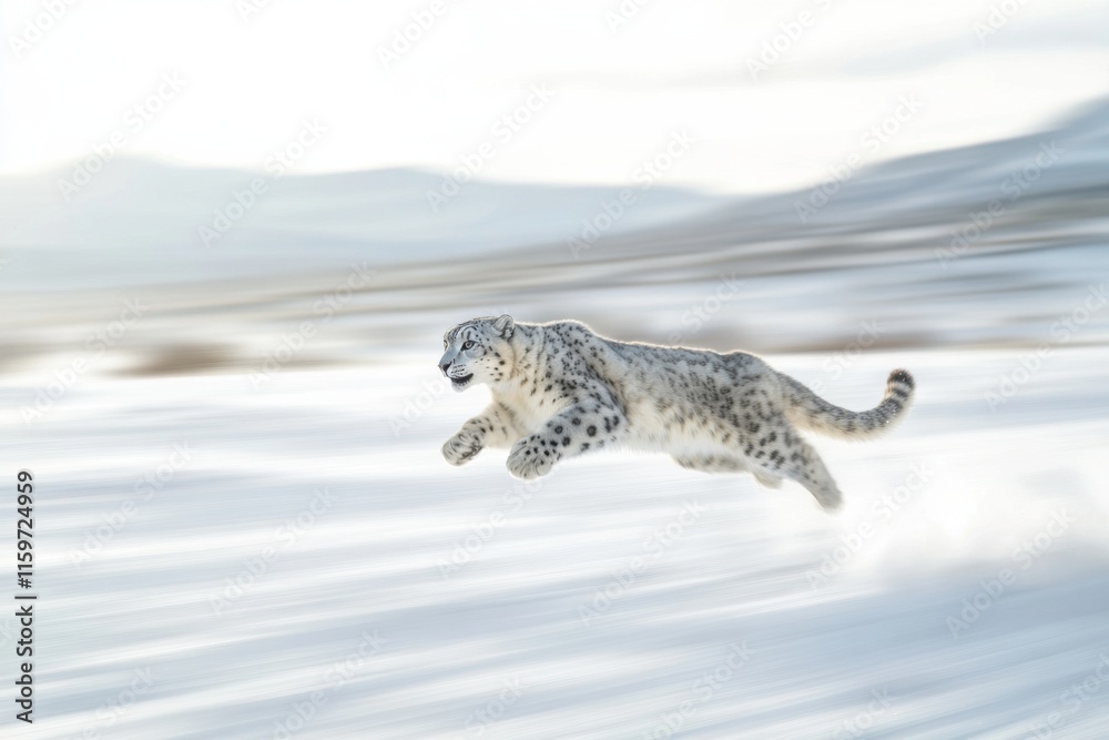 Fototapeta premium Snow leopard leaping in soft sunlight on snowy field