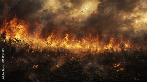 Wildfires ravage forests as flames engulf nature, creating smoky skies and showcasing the bravery of firefighters battling the inferno photo