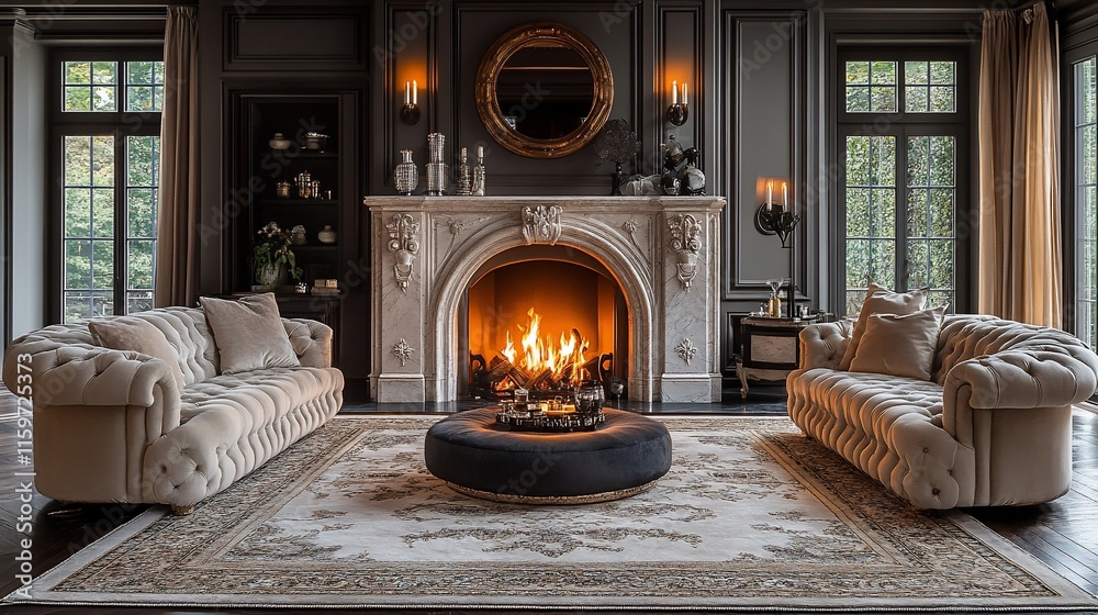 Fototapeta premium Elegant Living Room with Fireplace and Luxurious Furnishings