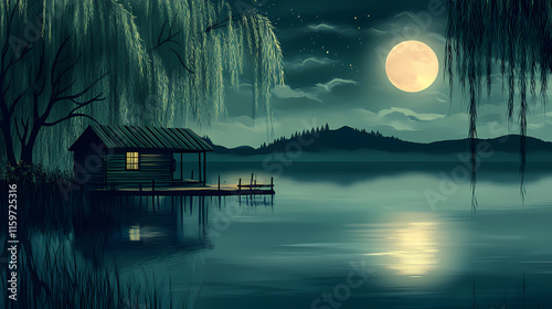 Aerial moonlit lake with wooden hut and willow trees. Willow. Illustration photo