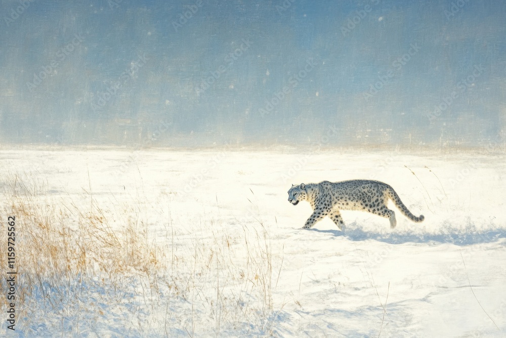 Snow leopard hunting on vast snowy landscape with sunlight Snow leopard hunting on vast snowy landscape with sunlight