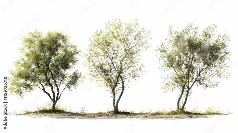 Obraz premium Autumn salix caroliniana frontal set of large trees isolated png on a transparent background perfectly cutout (carolina, coastal plain, swamp willow). Willow. Illustration