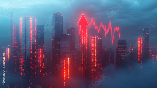 A futuristic city skyline at dusk  with a massive red arrow descending through swirling clouds  symbolizing the volatility of the financial market below.  