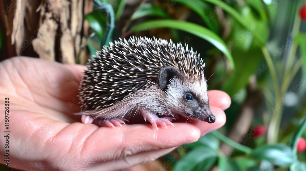 Fototapeta premium Handheld hedgehog on human palm, interaction between person and exotic pet.