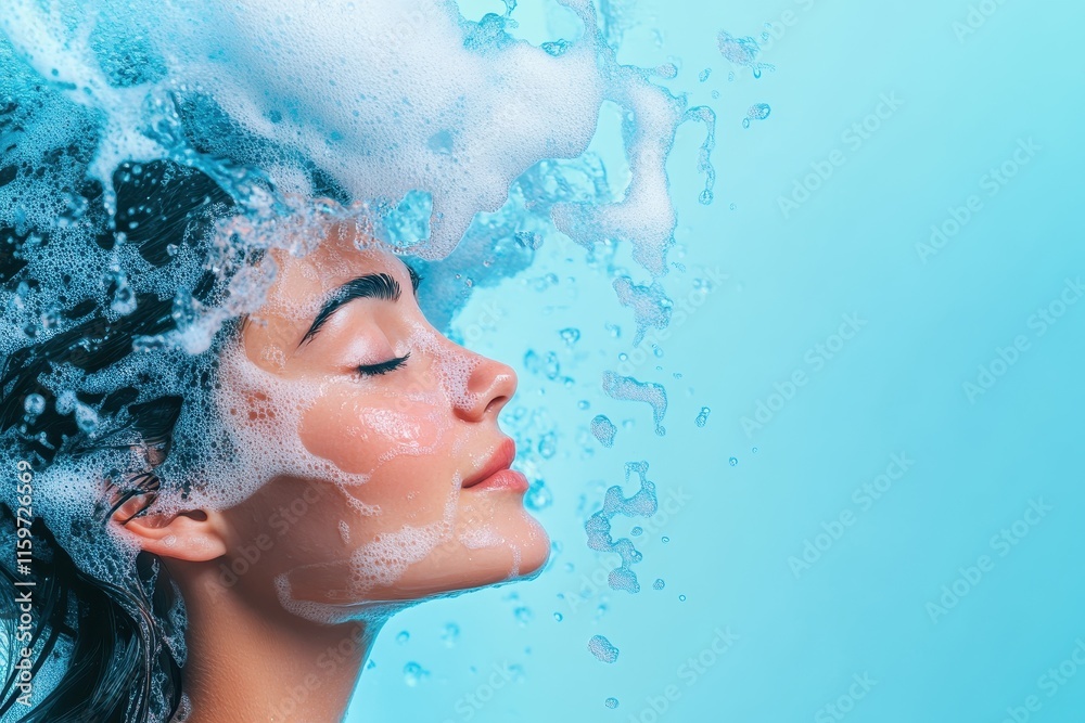 Beauty model using shampoo and body wash for skincare and hygiene