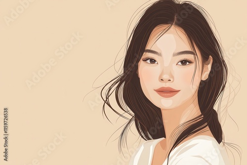 Beautiful Asian model with flawless skin smiles against a beige backdrop Portrait of a beauty influencer and makeup artist in a studio Themes of skincare cosme photo