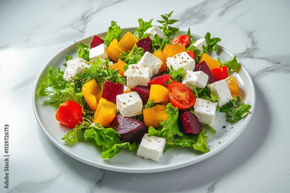 Beetroot and arugula salad with feta on a white plate over marble Vegetarian dish Beetroot and arugula salad with feta on a white plate over marble Vegetarian dish