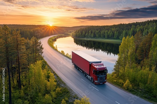 Bird s eye view of a truck on a curved road by a lake surrounded by a pine forest at sunset in Karelia Russia Transportation backdrop Scenic natural landscape photo