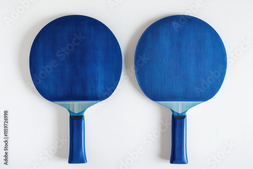 Bird s eye view of blue ping pong table with net and line featuring two paddles