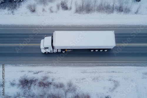 Bird s eye view of a white cold storage truck on a road highlighting logistics photo