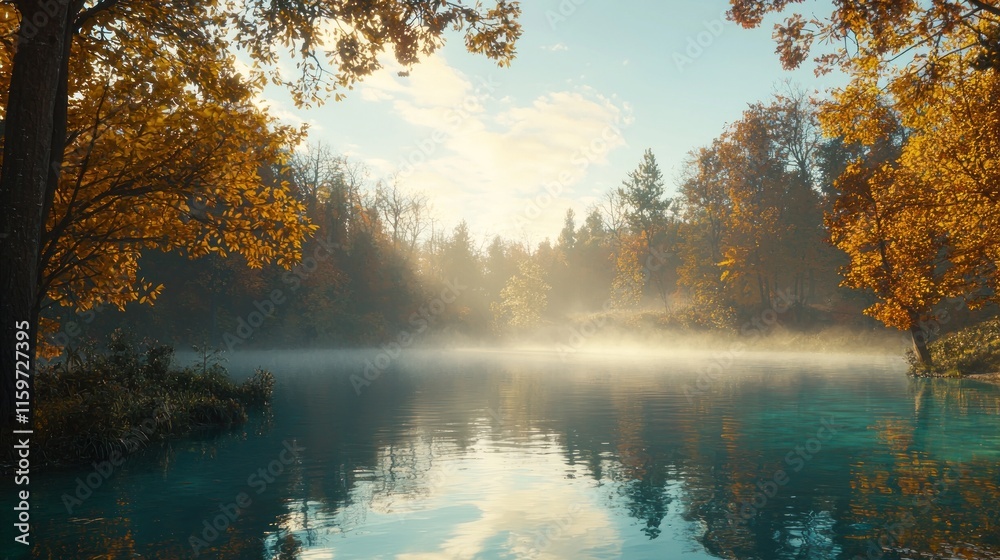 Fototapeta premium Misty autumn morning on a serene lake.