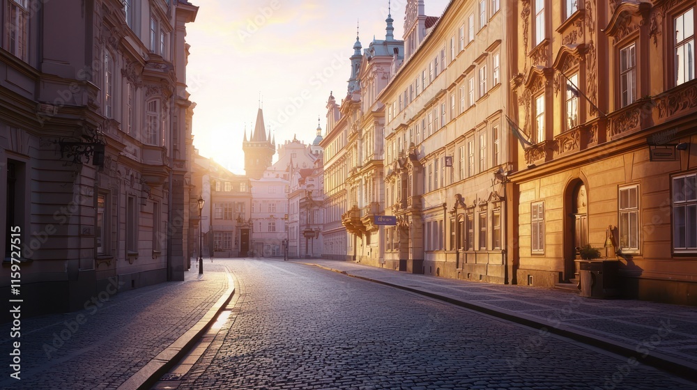 Fototapeta premium Sunrise illuminates cobblestone street with historic buildings.