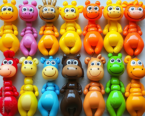 Colorful balloon animal sculptures arranged in rows, cheerful and playful animal designs. Perfect for children's themes, celebrations, and playful backgrounds. photo