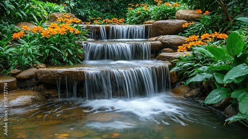 A serene waterfall cascades over rocks, surrounded by vibrant orange flowers and lush greenery.