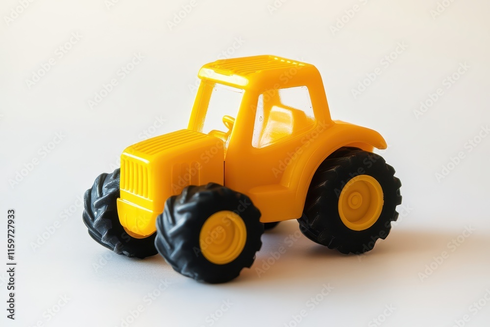 Fototapeta premium Bright small yellow plastic toy vehicles isolated on white promoting child development and play