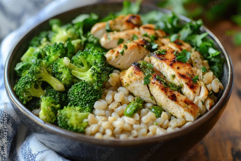Broccoli salad bowl with barley chicken and pesto Broccoli salad bowl with barley chicken and pesto