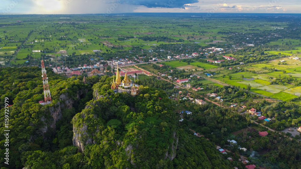 A buddhist temple on top of a mountain seen from above A buddhist temple on top of a mountain seen from above