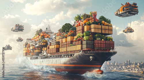 A giant cargo ship with crates of vegetables and fruits being transferred via futuristic hovercrafts to different continents, symbolizing efficient food distribution.   photo