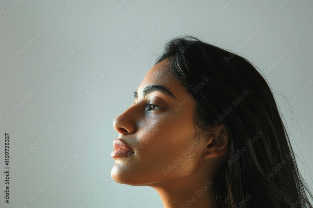 A portrait of a woman with intense facial features, captured in natural light that casts a gentle reflection on her face. A portrait of a woman with intense facial features, captured in natural light that casts a gentle reflection on her face.